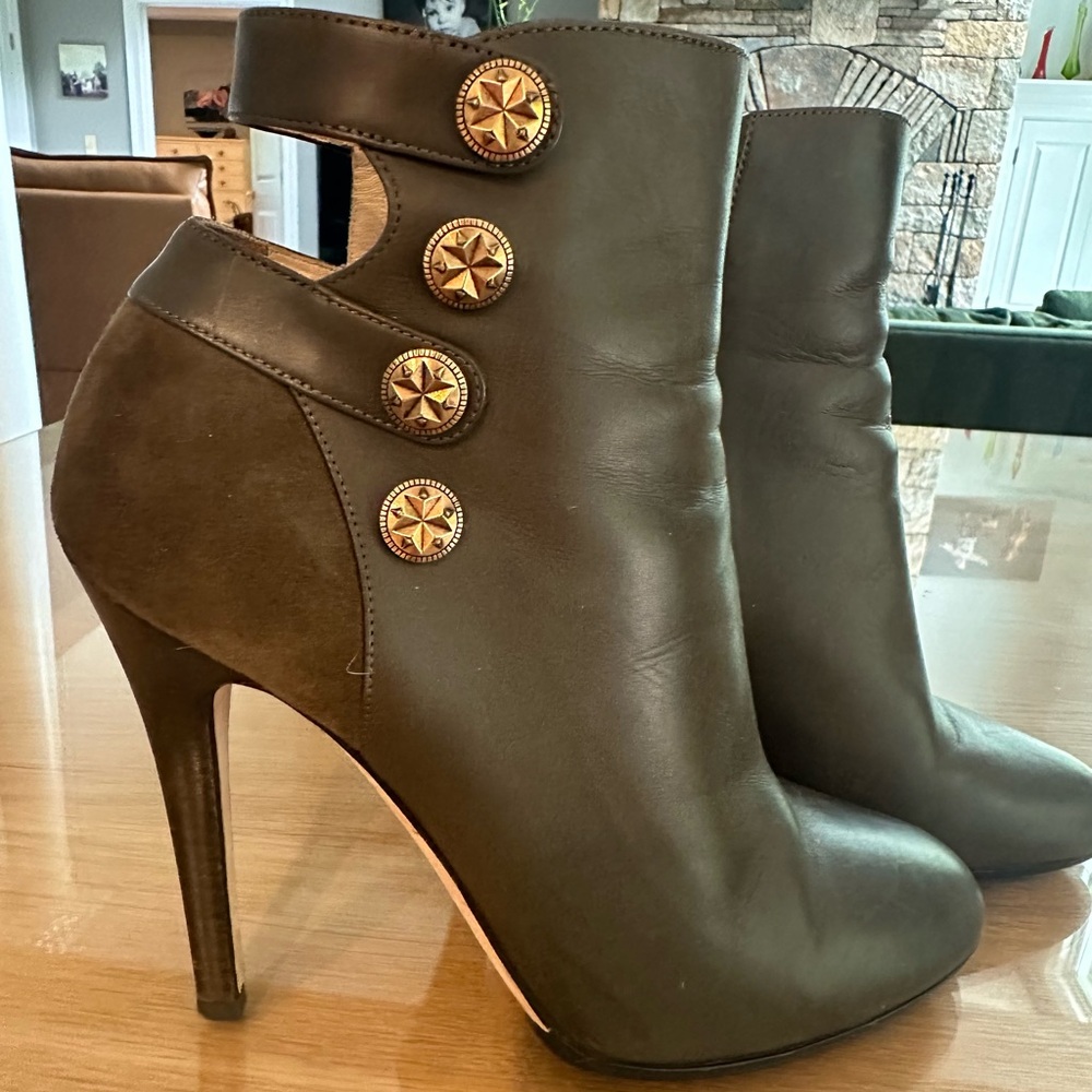 Jimmy Choo Olive Heeled Boots with Gold Accents